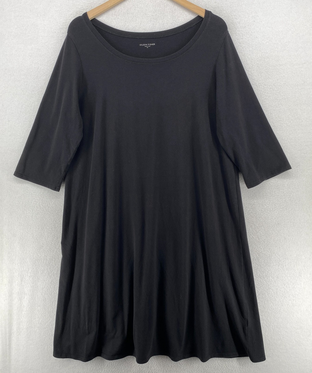 EILEEN FISHER Dress XL Stretch Organic Cotton Jersey Shift 3/4 Sleeve Black